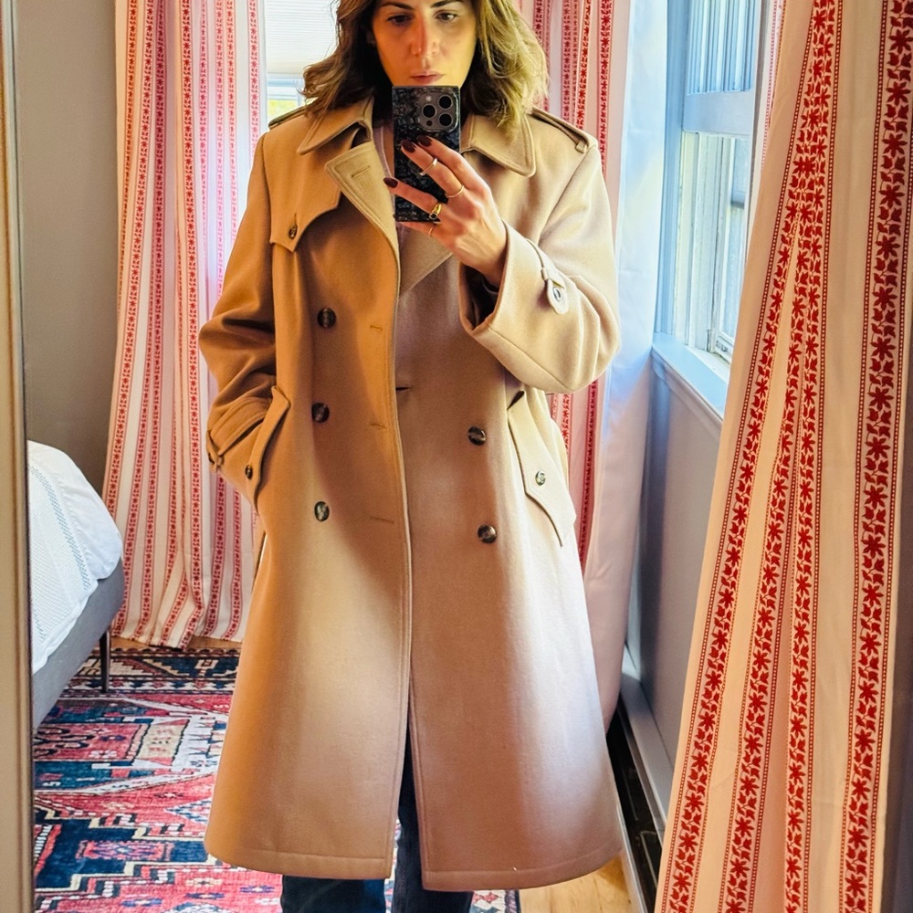 Fall Fashion size 38, women’s oversized Wool Camel colored trench coat.